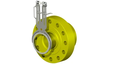 3D render of gasket insertion tool front view on pipe flange